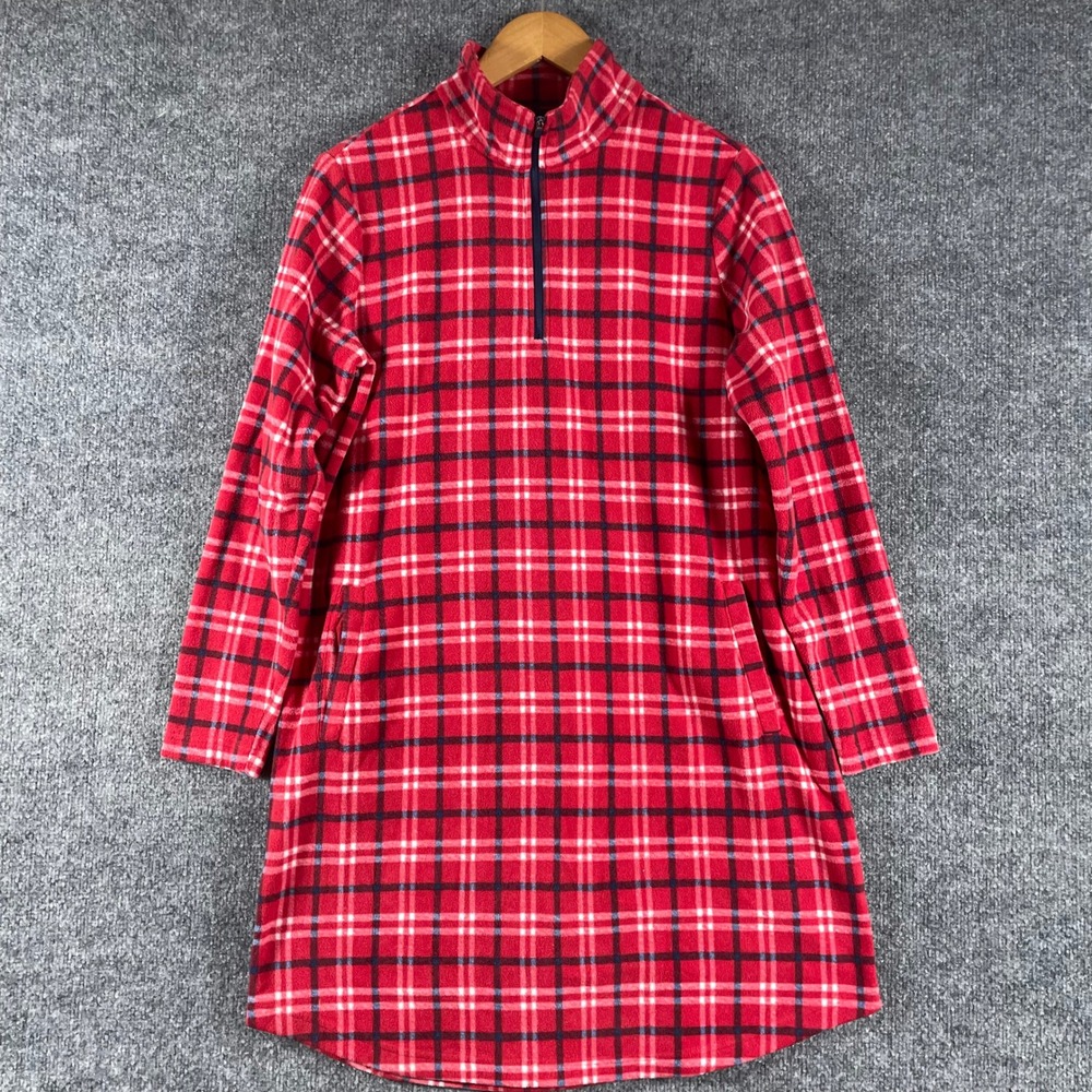 Lands End Dress Womens Medium 10 12 Red Plaid Fleece Quarter Zip Pockets Holiday